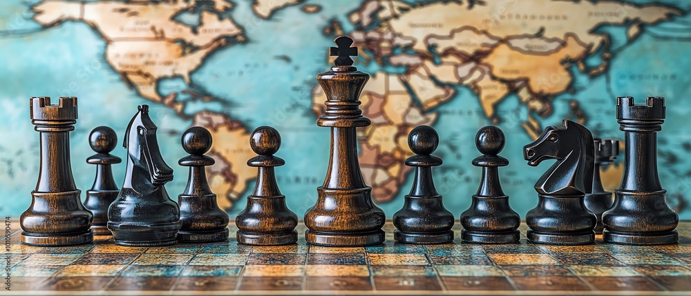 Geopolitical scene with chess pieces on a map of the world, symbolizing strategic movement and international discussions between nations and continents Geopolitical scene with chess pieces on a map of the world, symbolizing strategic movement and international discussions between nations and continents