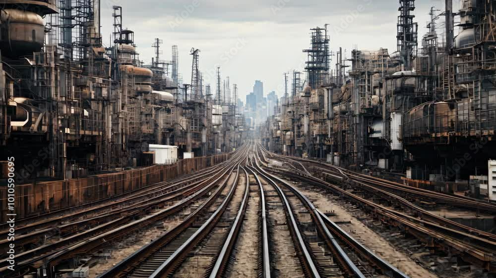 Industrial railway tracks winding through an urban landscape at dawn Industrial railway tracks winding through an urban landscape at dawn