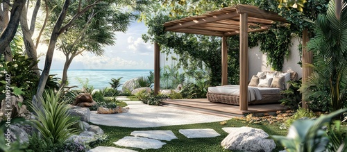 Tropical seaside garden featuring an outdoor pergola with coastal elements. photo