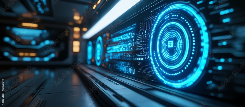 A futuristic interface with glowing blue visuals, featuring circular patterns and digital displays, set in a sci-fi environment. A futuristic interface with glowing blue visuals, featuring circular patterns and digital displays, set in a sci-fi environment.