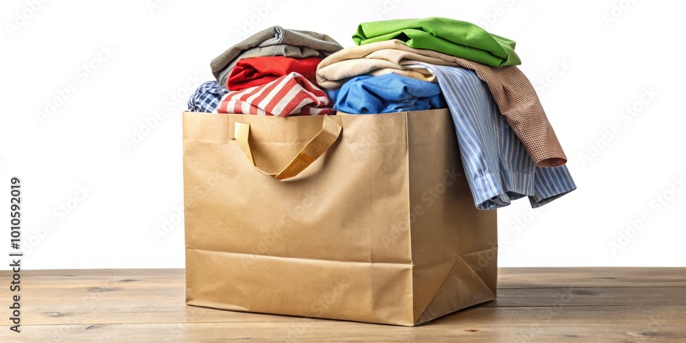 Eco-friendly Paper Bag Filled with Donated Clothes for Charity and Sustainable Fashion Initiatives Eco-friendly Paper Bag Filled with Donated Clothes for Charity and Sustainable Fashion Initiatives