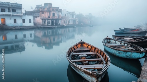 A serene morning scene with boats on a misty river, reflecting quiet surroundings.