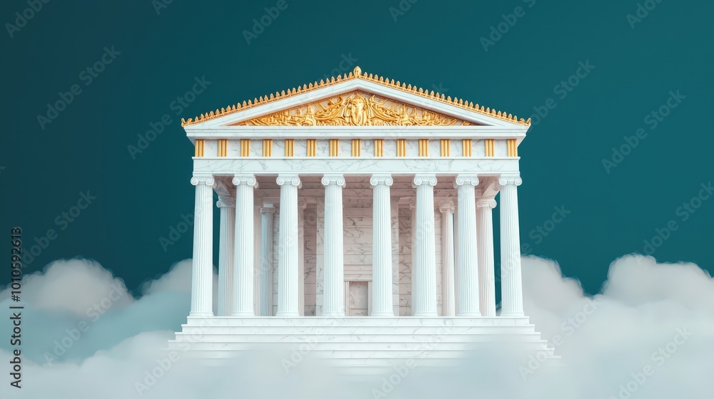 Fototapeta premium Ancient Greek Temple with Golden Domes in Clouds Architectural Design Concept
