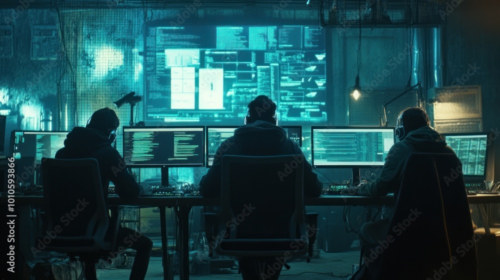 Three Hackers Working on Computers with Green Screens Three Hackers Working on Computers with Green Screens