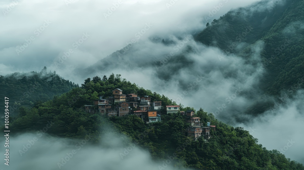 A serene mountain village shrouded in mist, surrounded by lush greenery. A serene mountain village shrouded in mist, surrounded by lush greenery.