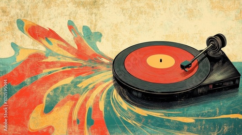 Colorful vinyl player with abstract splash design. photo