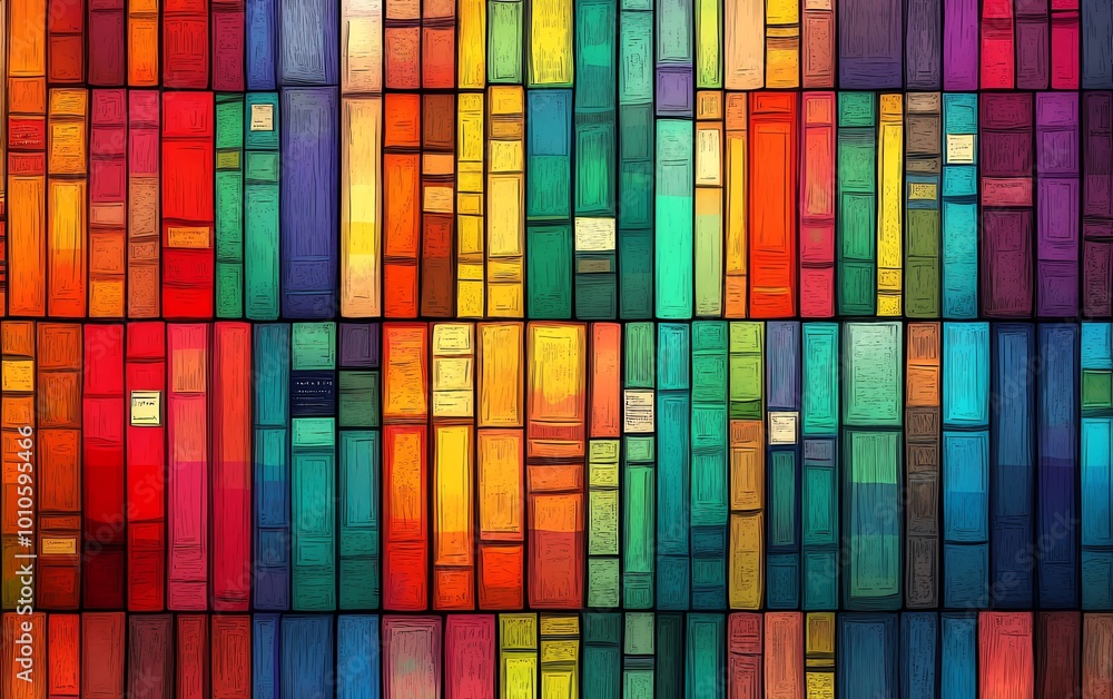 Background design with a seamless pattern of vibrant, colorful books arranged in a bookcase layout, perfect for creative projects Background design with a seamless pattern of vibrant, colorful books arranged in a bookcase layout, perfect for creative projects