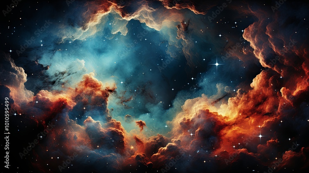 Fototapeta premium A celestial tapestry of swirling nebulae and glittering stars, an ethereal dance of cosmic dust and light