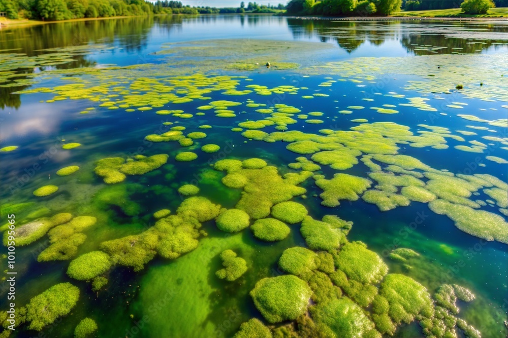 Close-up of algae bloom on calm lake against blue water Close-up of algae bloom on calm lake against blue water