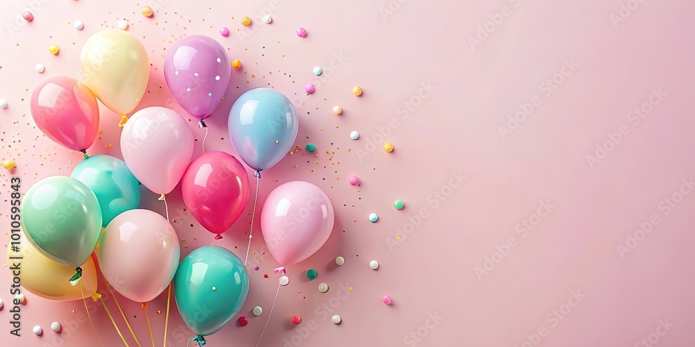 A festive composition featuring a cluster of vibrant balloons arranged against a soft pink background, with a scattering of colorful confetti adding a touch of whimsy. A festive composition featuring a cluster of vibrant balloons arranged against a soft pink background, with a scattering of colorful confetti adding a touch of whimsy.