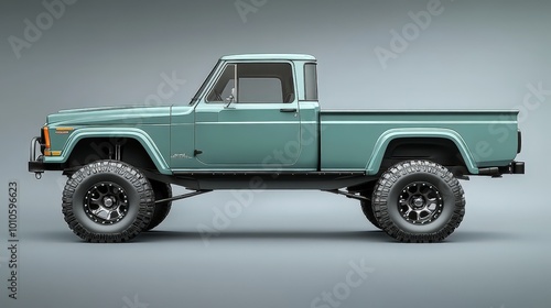 Classic Blue Four Door Pickup Truck Isolated on Gray Background