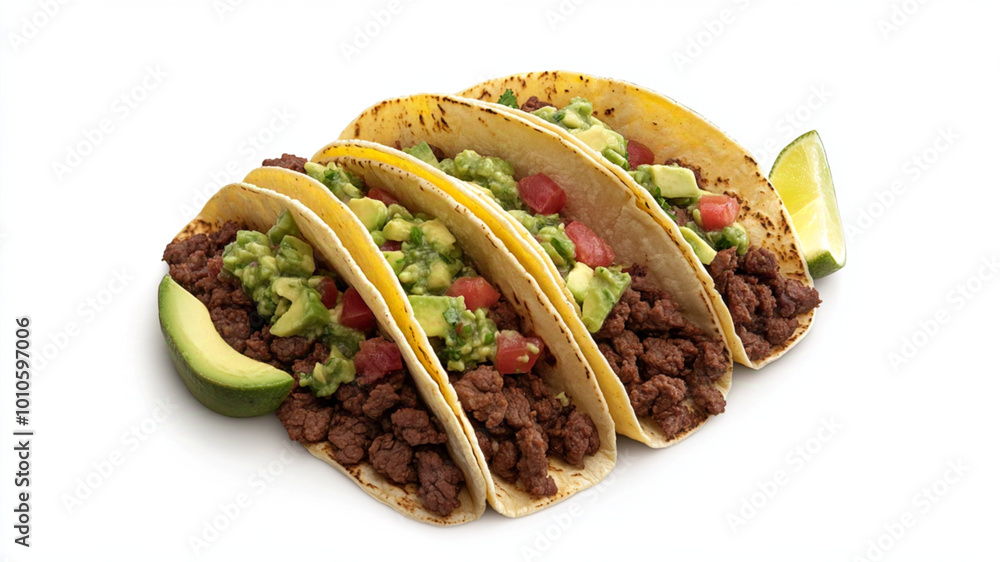 A photo of Beef tacos with avocado salsa on a plate. A photo of Beef tacos with avocado salsa on a plate.