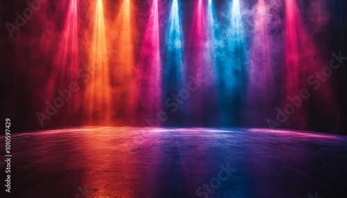 Colorful spotlight effects on an empty stage with a large copy space  creating a versatile and dynamic banner background