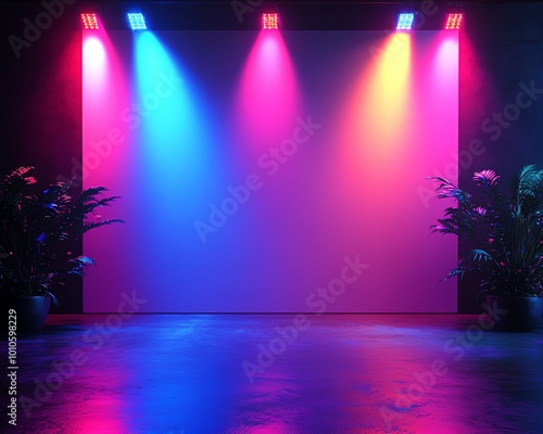 Empty stage backdrop with dynamic colorful spotlights and a large copy space, ideal for banner design and event promotions