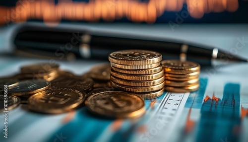 Financethemed background with coins, a pen, and stock market charts in a blurred setting, representing economic trends and financial planning photo