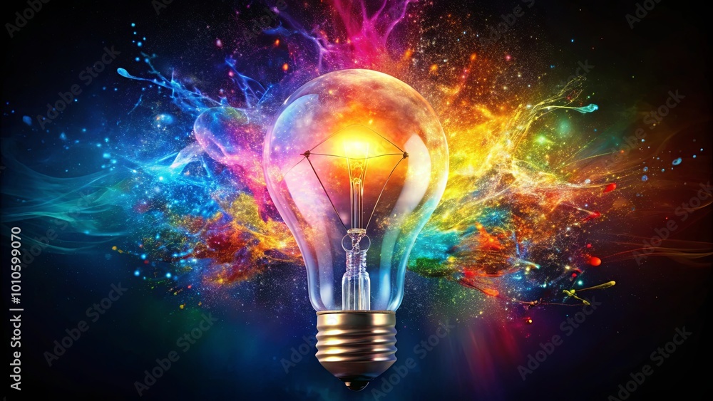 An incandescent light bulb glows brightly, surrounded by a vibrant burst of colorful nebulae, symbolizing the power of imagination and creativity. An incandescent light bulb glows brightly, surrounded by a vibrant burst of colorful nebulae, symbolizing the power of imagination and creativity.