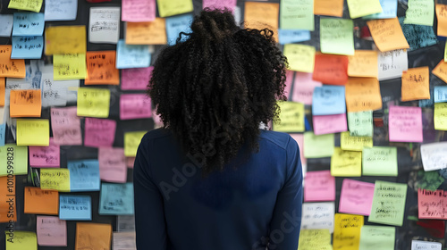 Woman looking at a wall full of sticky notes