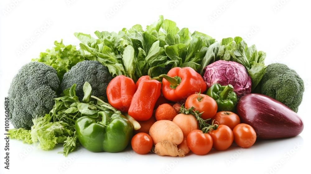 A variety of fresh vegetables, including broccoli, lettuce, bell peppers, tomatoes, and eggplant, are arranged on a white background. A variety of fresh vegetables, including broccoli, lettuce, bell peppers, tomatoes, and eggplant, are arranged on a white background.