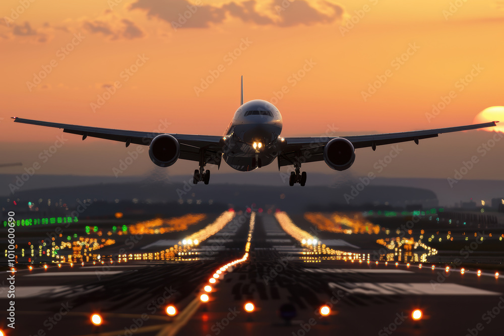 airplane taking off from the runway, sunset in background. AI generative. airplane taking off from the runway, sunset in background. AI generative.