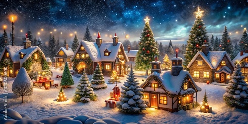 A Winter Wonderland Village Glowing with Festive Lights and Snow-Covered Roofs Underneath a Starry Sky