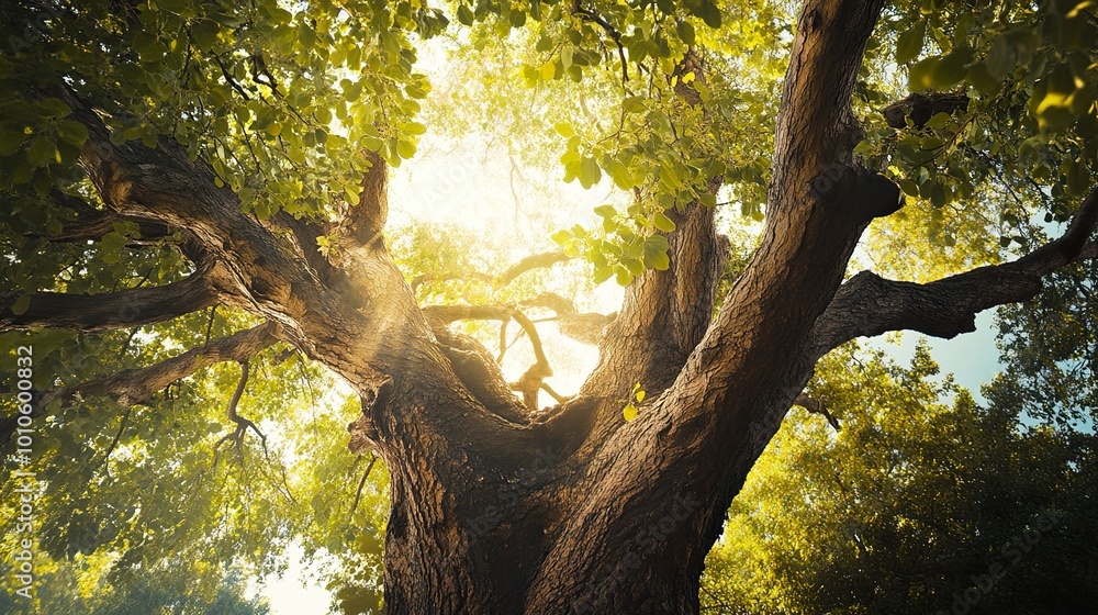 Fototapeta premium Sunlight Through the Tree Canopy - A Tranquil Nature Scene