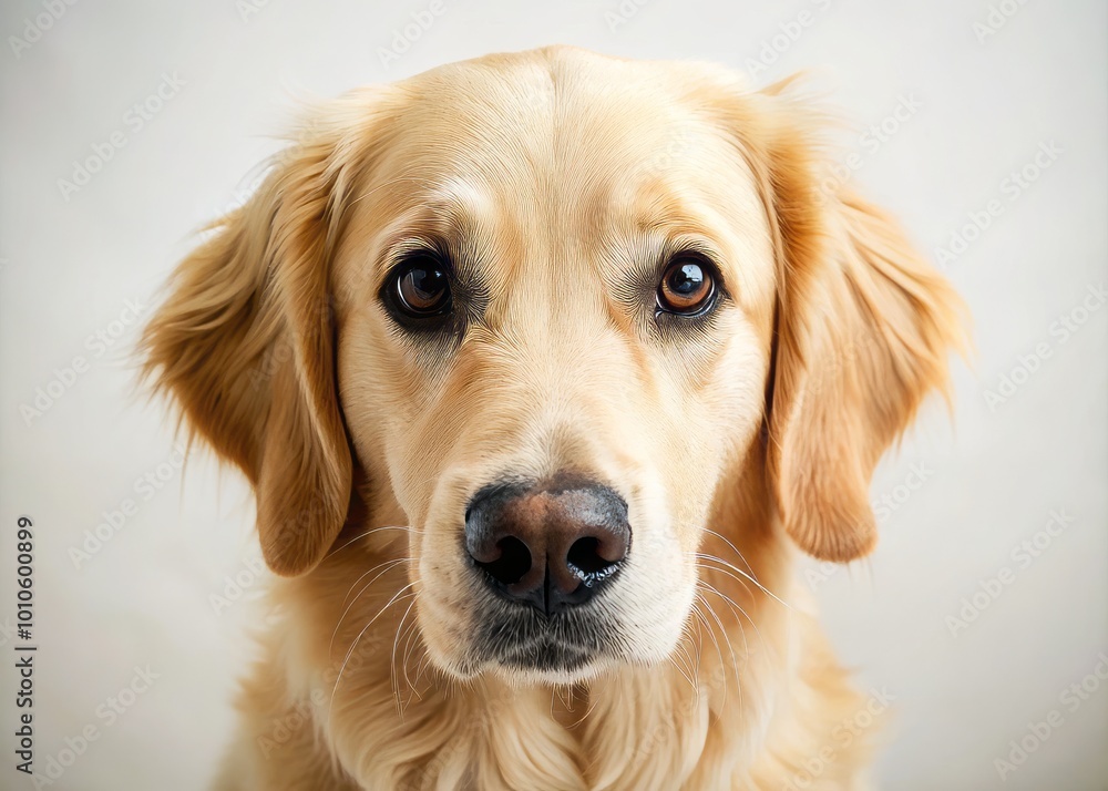 Extreme Close Up of Adorable Golden Retriever Dog with Big Eyes on Soft Off White Background for Pet Extreme Close Up of Adorable Golden Retriever Dog with Big Eyes on Soft Off White Background for Pet