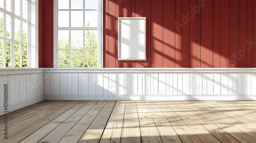 Empty Room with Red Wall and Wood Floor