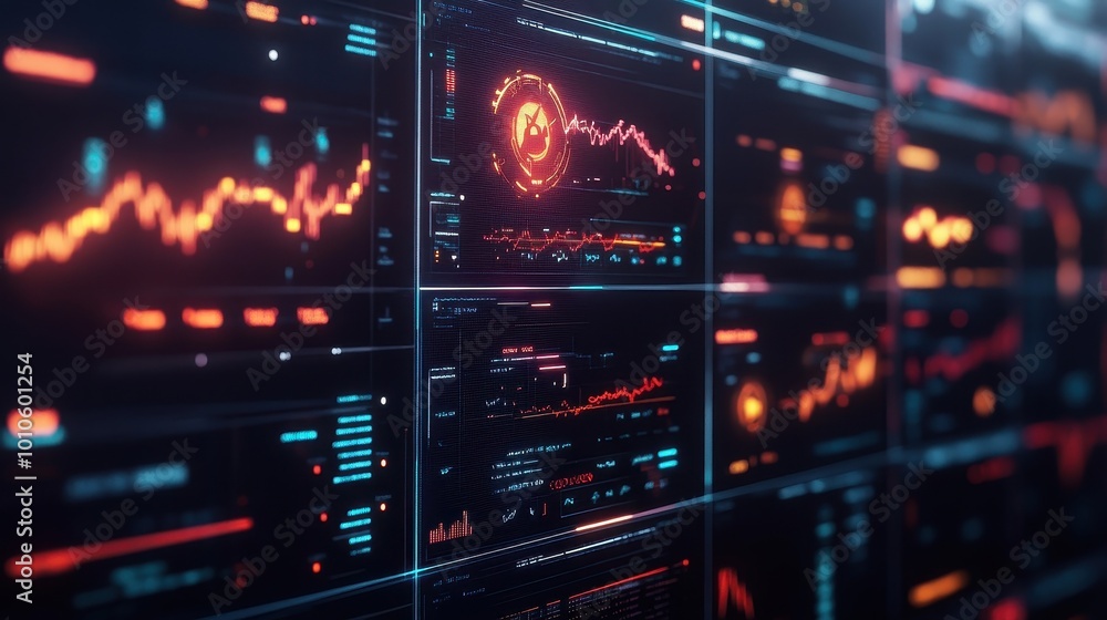 Obraz premium Futuristic Data Visualization Dashboard with Glowing Graphs and Charts