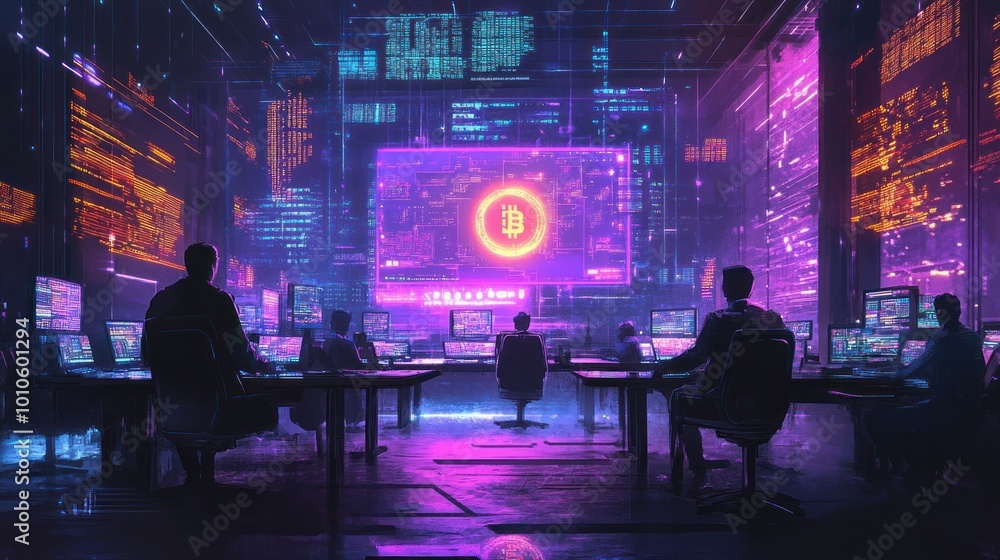 Silhouettes of Hackers Working in a Cyberpunk Setting with a Bitcoin Symbol on a Large Screen Silhouettes of Hackers Working in a Cyberpunk Setting with a Bitcoin Symbol on a Large Screen