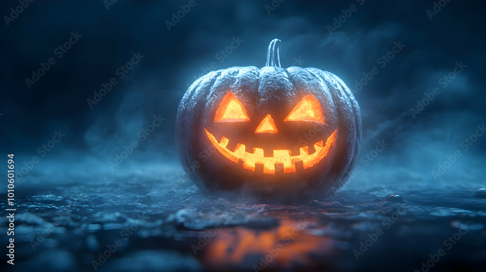 Glowing Jack-o'-lantern in Foggy Halloween Night Glowing Jack-o'-lantern in Foggy Halloween Night