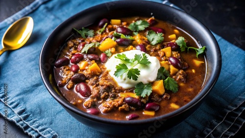 A bowl of chili with red beans, ground beef, corn, and a dollop of sour cream.