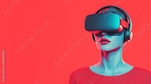 Woman Experiencing Virtual Reality with VR Headset and Headphones on Red Background