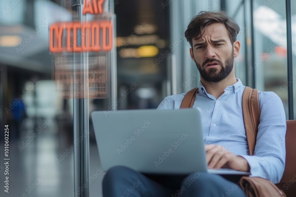 Businessman with a laptop open, frustrated by a delayed flight, sitting by the airport gate, photorealistic Businessman with a laptop open, frustrated by a delayed flight, sitting by the airport gate, photorealistic