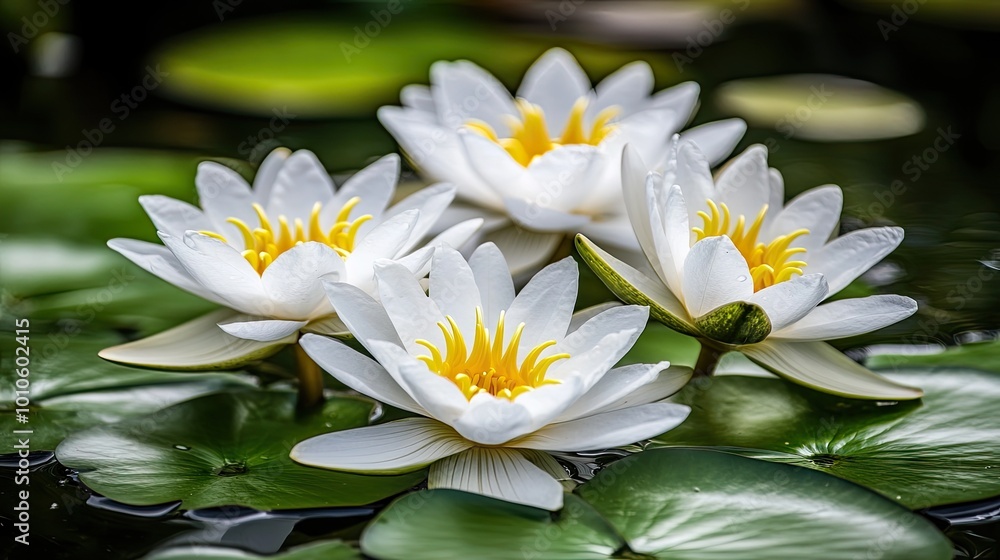 A peaceful pond filled with water lilies, their blossoms open and vibrant, resting atop green lily pads that float across the water. A peaceful pond filled with water lilies, their blossoms open and vibrant, resting atop green lily pads that float across the water.