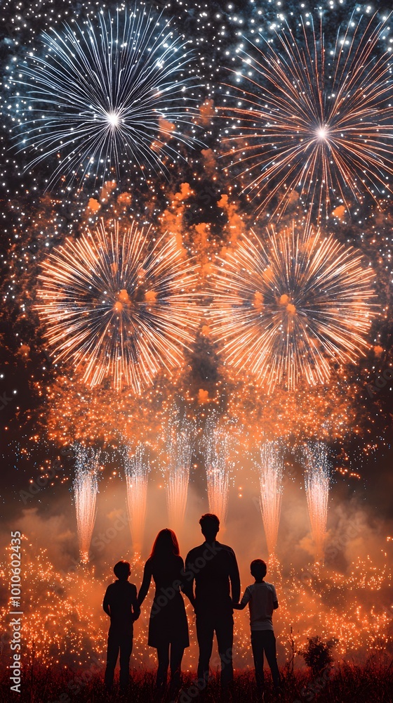 Family watching a spectacular fireworks display at night Family watching a spectacular fireworks display at night