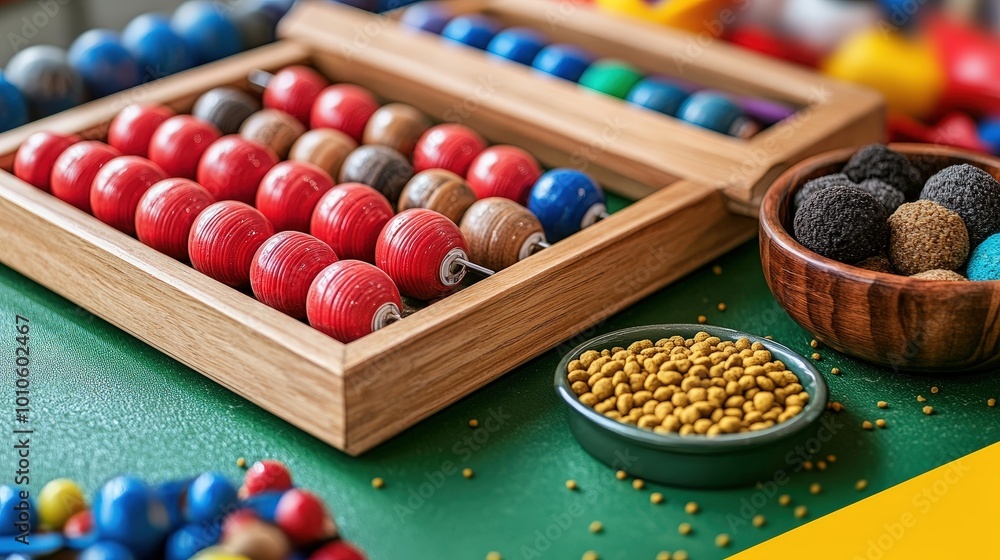 Colorful Pet Toys Abacus and Dry Food on Green Table Flat Lay Banner Design Colorful Pet Toys Abacus and Dry Food on Green Table Flat Lay Banner Design