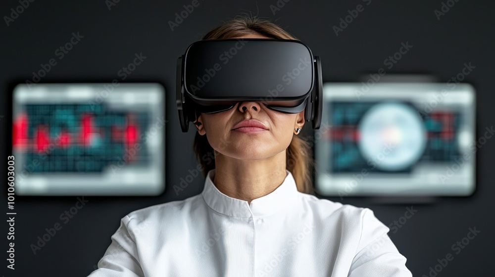 Female Scientist Using VR Headset in Futuristic Lab with Holographic Screens Female Scientist Using VR Headset in Futuristic Lab with Holographic Screens