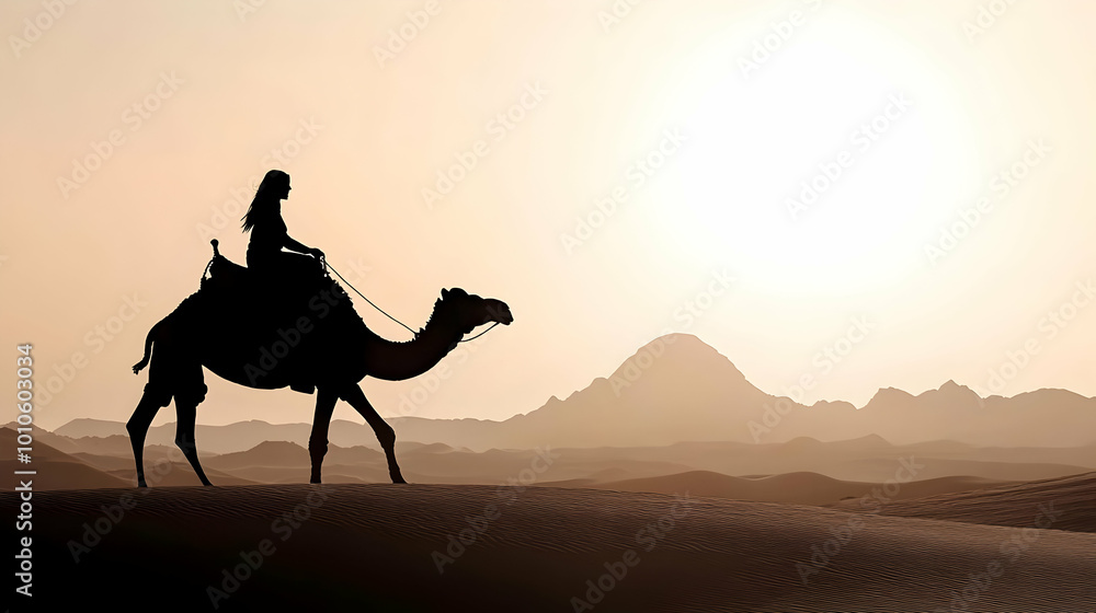 Camel Riding Through Desert Landscape at Sunset Camel Riding Through Desert Landscape at Sunset