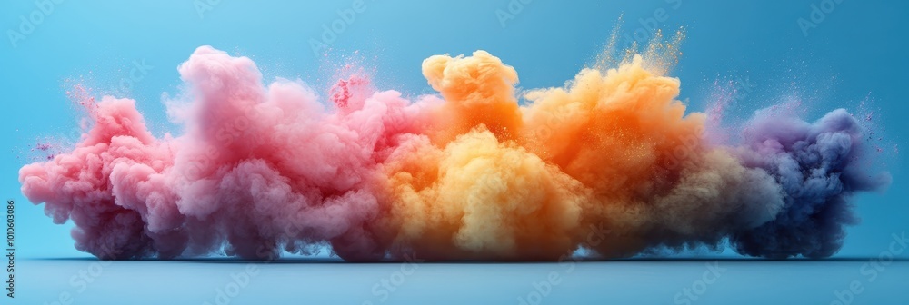 Colorful Smoke Explosion on Blue Background with Pink, Yellow, Orange, and Violet Powder Paint in the Air, Cloud of Colorful Powder for Design or Decoration
Colorful Smoke Explosion on Blue Background with Pink, Yellow, Orange, and Violet Powder Paint in the Air, Cloud of Colorful Powder for Design or Decoration