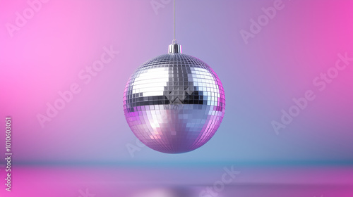 A silver disco ball is suspended from a string  photo