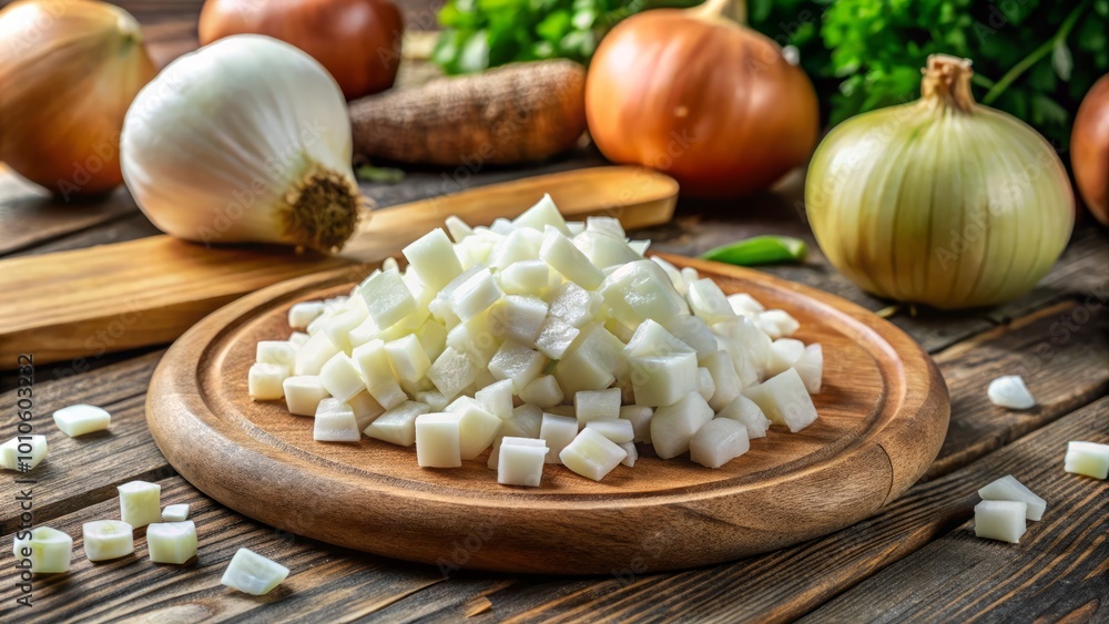 Finely Chopped White Onion Cubes on Kitchen Table Surface for Cooking Preparation and Meal Preparation Activities Finely Chopped White Onion Cubes on Kitchen Table Surface for Cooking Preparation and Meal Preparation Activities