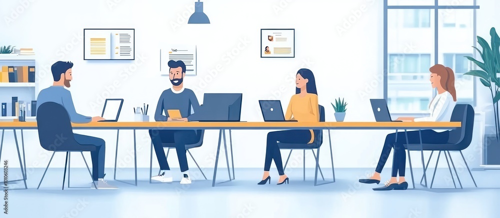 Four people sit at a table in an office, working on laptops. Four people sit at a table in an office, working on laptops.