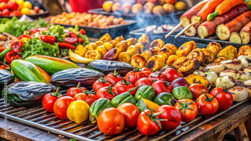 A Vibrant Display of Grilled Vegetables on a Rustic Wooden Surface, Showcasing a Symphony of Colors and Textures A Vibrant Display of Grilled Vegetables on a Rustic Wooden Surface, Showcasing a Symphony of Colors and Textures