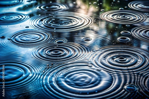 Raindrops on water surface creating concentric circles and ripples photo