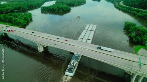 Wallpaper Mural Tugboat pushing barge, scow, floating platform on missisipi river in wisconsin under Dresbach Bridge Torontodigital.ca