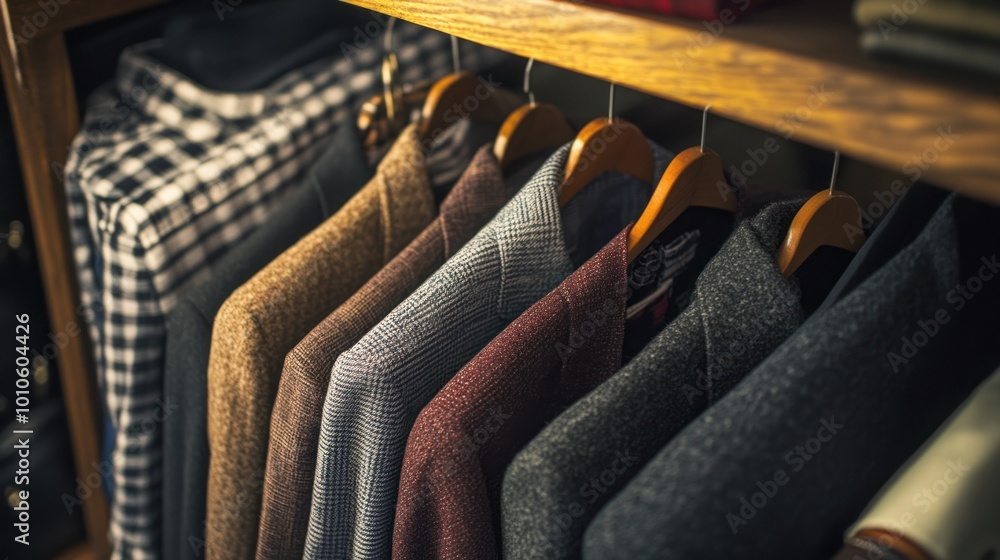 Obraz premium Various Fabric Textures of Clothes Hanging in Closet