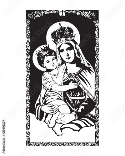 Virgin Mary and Infant Jesus Vector Madonna and Child Catholic religious Illustration 