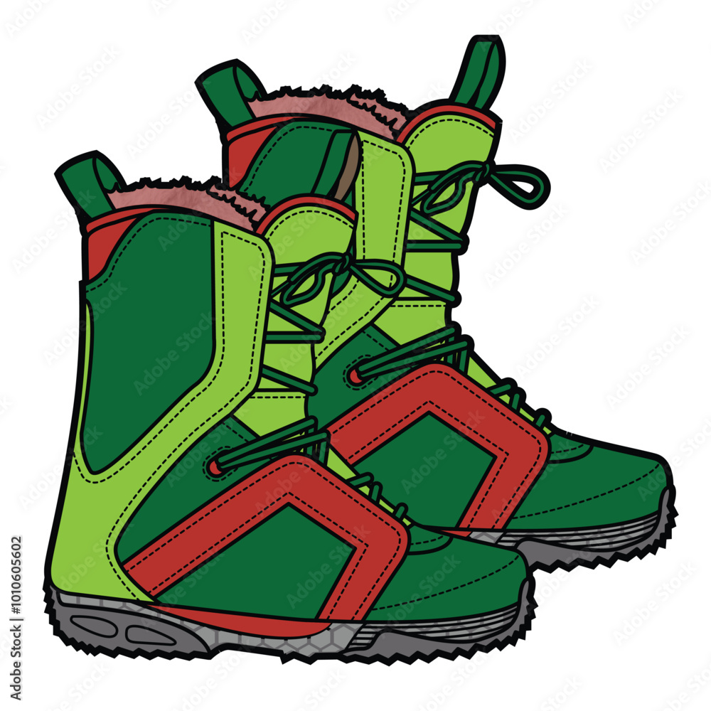 Women's winter boots in waterproof leather with wool lining technical flat sketch vector mockup template Women's winter boots in waterproof leather with wool lining technical flat sketch vector mockup template