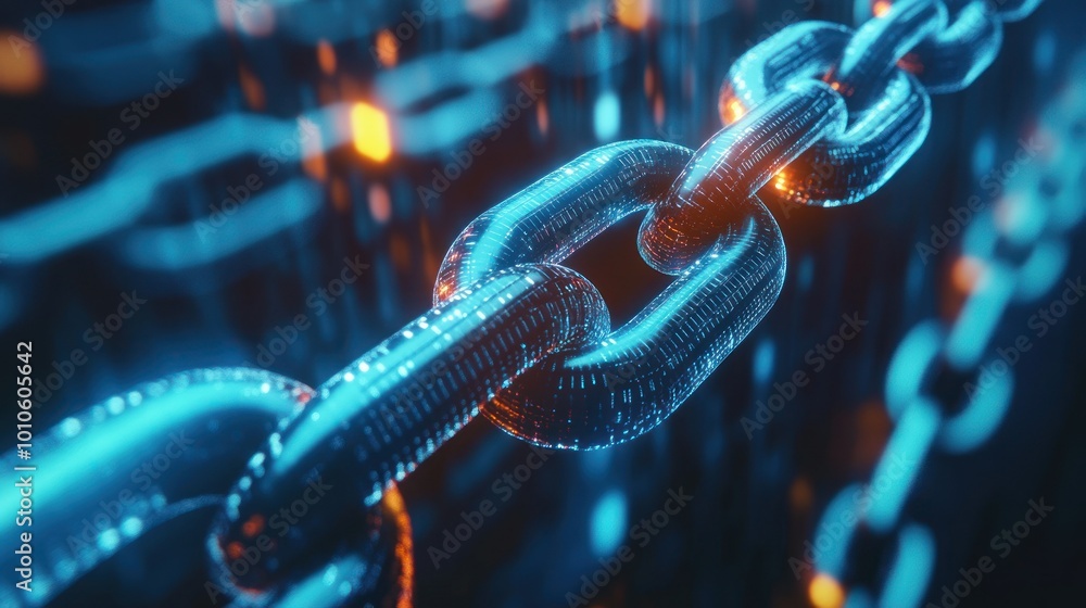A close-up of a glowing digital chain, made of light and data. A close-up of a glowing digital chain, made of light and data.