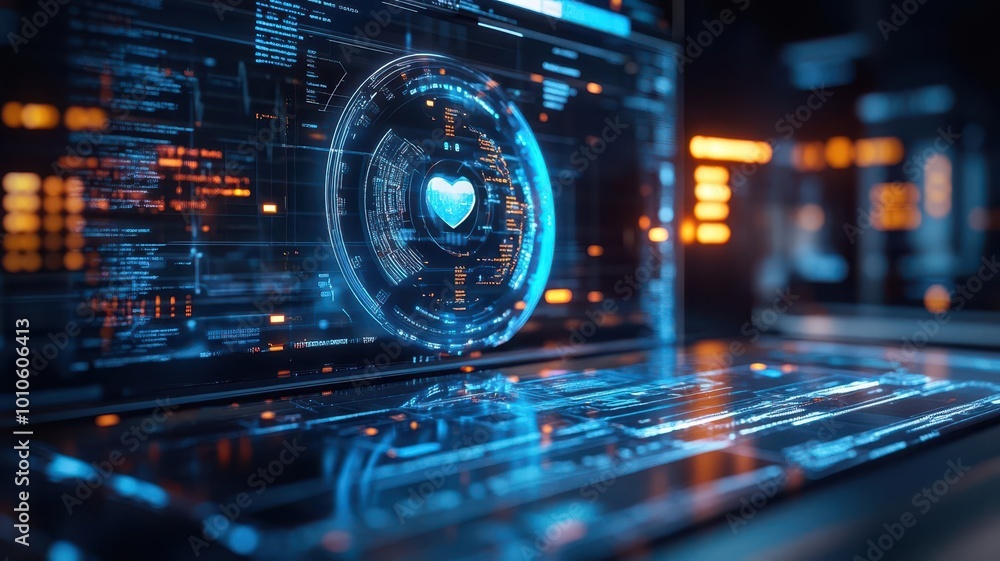 Futuristic health scanner, holographic diagnostics, sleek medical tech interface, digital display Futuristic health scanner, holographic diagnostics, sleek medical tech interface, digital display
